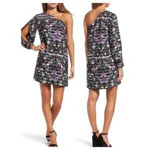 3877) Chelsea 28 One Shoulder Black Floral Shift Dress Small